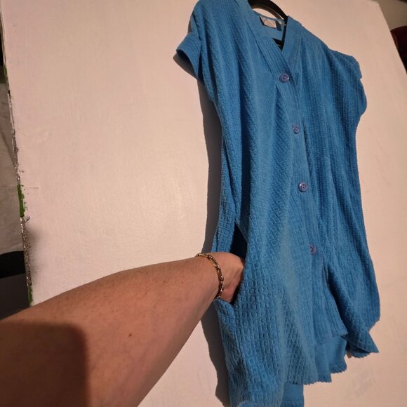 Vtg Womens Blue Terry Cloth Button Down Cover Up Dress Medium Swim Casual Lounge - Picture 4 of 10